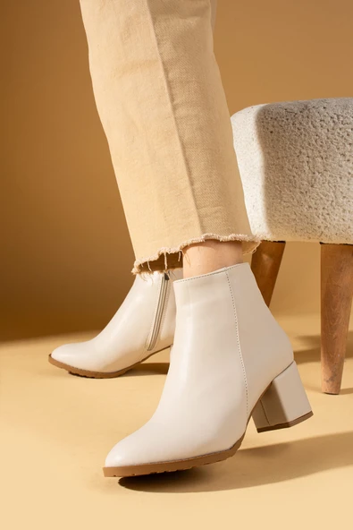 Pembe Potin Yuvarlak Burunlu Fermuarlı Kalın Topuklu Kadın Bot 82-509-24 - Resim 4