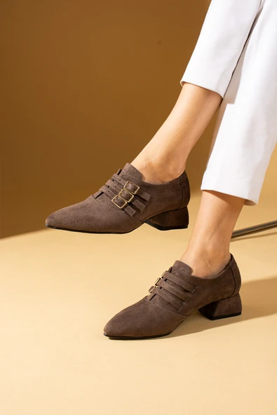 Pembe Potin Sivri Burunlu 3 Tokalı Topuklu Kadın Ayakkabı 53-500-24Süet - Resim 4