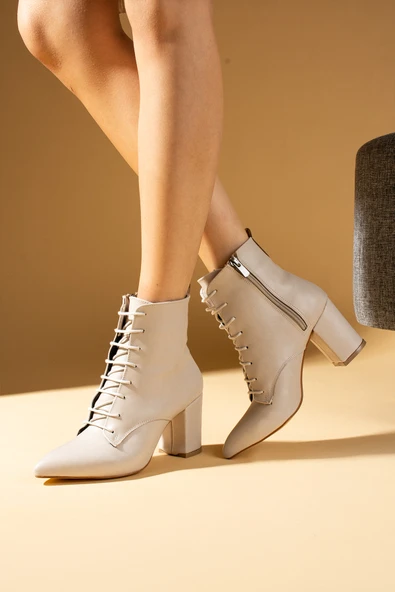 Pembe Potin Sivri Burun Bağcıklı Yandan Fermuarlı Kalın Topuklu Kadın Bot 86-307-24Cilt - Resim 5