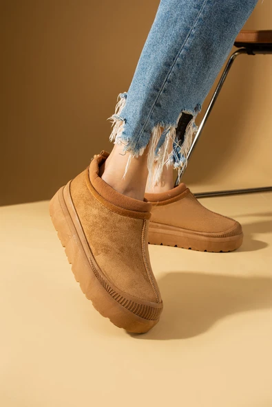 Pembe Potin Kalın Taban İçi Tüylü Lastikli Kadın Bot 001-1100-24Süet - Resim 7