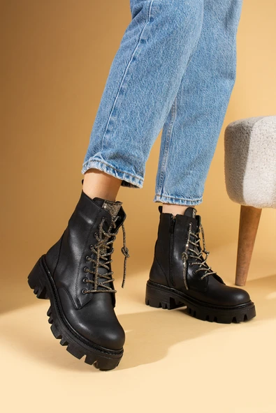 Pembe Potin Kaymaz Yüksek Taban Taş Detaylı Fermuarlı Kadın Postal Bot 57-301-24 - Resim 5