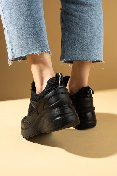 Pembe Potin Kalın Taban Bağcıklı Fileli Taş Detaylı Kadın Sneakers 89-044-25 - Resim 6