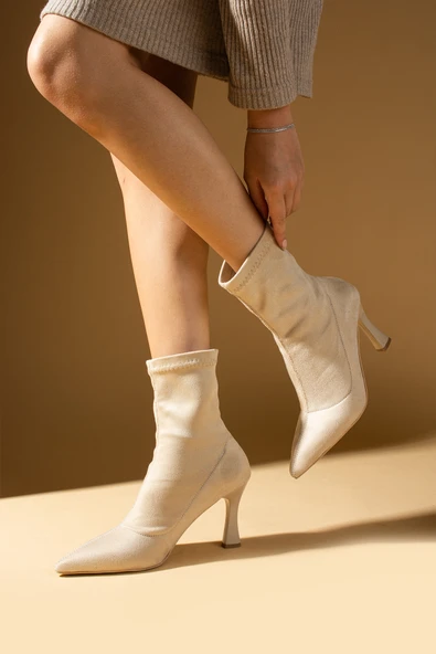 Pembe Potin İnce Topuklu Streç Kumaş Sivri Burun Kadın Bot 59-4848-24Süet - Resim 7