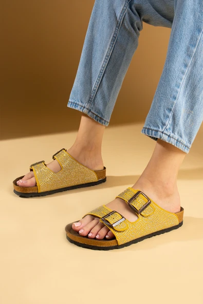 Pembe Potin Parlak Taşlı Ayarlabilir Çift Tokalı Rahat Taban Kadın Terlik 51-606-24 - Resim 5