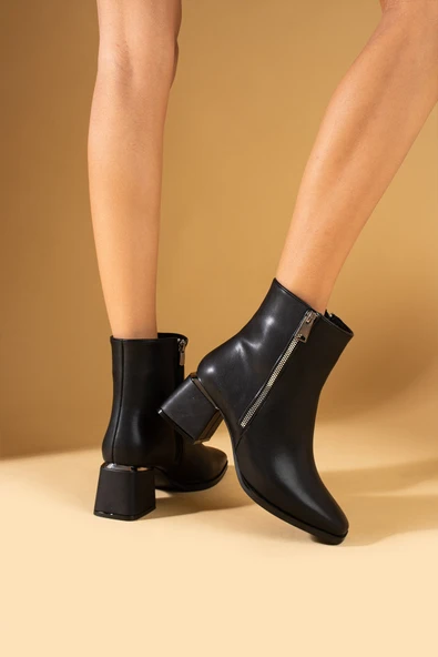 Pembe Potin Küt Burun Çift Fermuarlı Topuk Detaylı Kadın Bot 58-629-24 - Resim 4