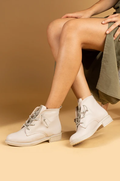 Pembe Potin İnce Parlak Taşlı Sıcak Astar Comfort Taban Bağcıklı Kadın Bot 57-205-24 - Resim 4