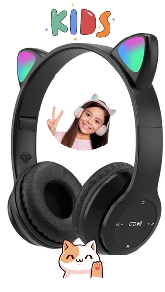 P47M Sevimli Renkli Kedi Kulak Üstü Bluetooth Kulaklık Siyah - Resim 2