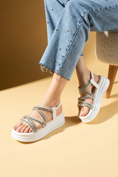 Pembe Potin Taş Detaylı Yüksek Taban Çok Bantlı Lastikli Kadın Sandalet 018-312-24Taşlı - Resim 4