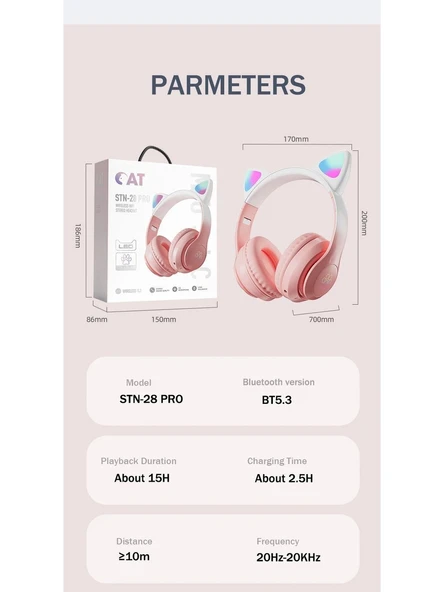 P47M Sevimli Renkli Kedi Kulak Üstü Bluetooth Kulaklık Açık Mavi - Resim 7