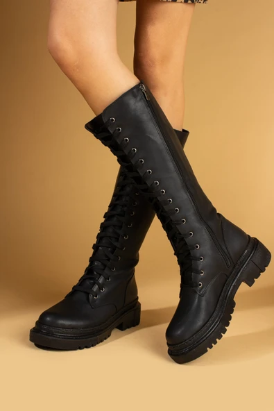 Pembe Potin Kalın Taban Diz Altı Bağcıklı & Fermuarlı Rahat Kalıp Kadın Çizme 59-904-24 - 6