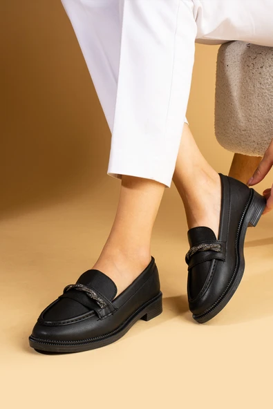 Pembe Potin Parlak Taş Detaylı Rahat Kalıp Kadın Loafer Ayakkabı 001-5004-24 - 2