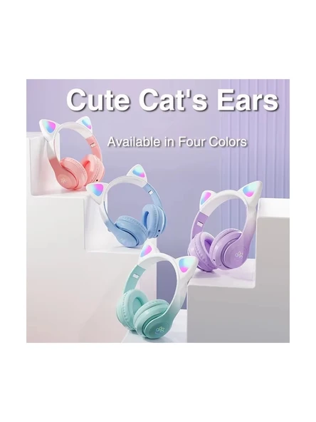 P47M Sevimli Renkli Kedi Kulak Üstü Bluetooth Kulaklık Açık Mavi - Resim 3