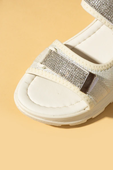 Pembe Potin Çift Cırtlı Rahat Taban Taş Detaylı Kadın Sandalet 59-15-25 - Resim 7