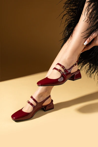 Pembe Potin Küt Burunu Ayarlanabilir Tokalı Kadın Topuklu Ayakkabı 53-67-25Rugan - Resim 4