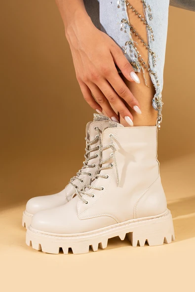 Pembe Potin Kaymaz Yüksek Taban Taş Detaylı Fermuarlı Kadın Postal Bot 57-301-24 - Resim 6