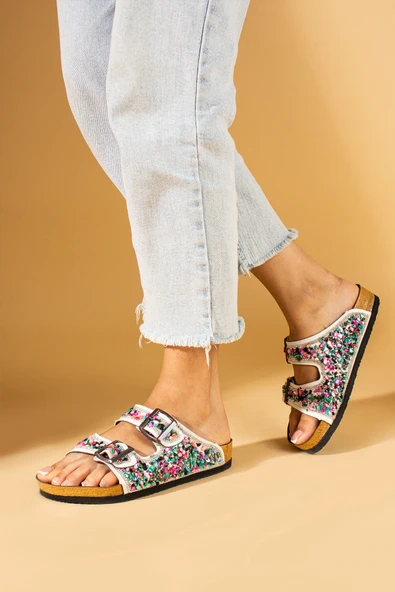 Pembe Potin Renkli Doğal Taşlı Çift Tokalı Anatomik Taban Kadın Terlik 51-605-24 - Resim 8