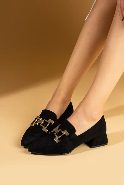 Pembe Potin Sivri Burunlu H Gold Tokalı Topuklu Kadın Ayakkabı 53-800-24Süet - Resim 5