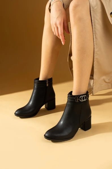 Pembe Potin Taşlı Toka Detaylı Fermuarlı Kalın Topuklu Kadın Bot 82-508-24Cilt - Resim 3