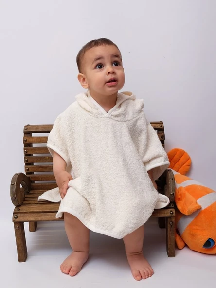 Organik %100 Pamuk Kapşonlu Plaj Çocuk Bebek Panço Bornoz Banyo Havlu Kapüşonlu - 4