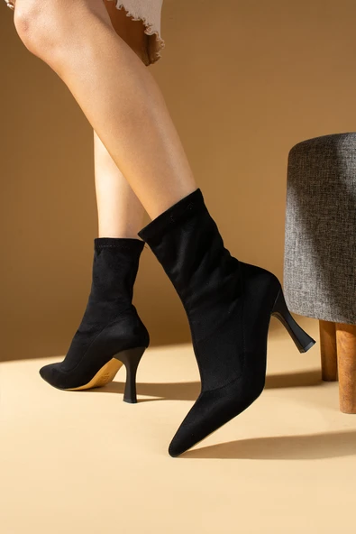 Pembe Potin İnce Topuklu Streç Kumaş Sivri Burun Kadın Bot 59-4848-24Süet - Resim 8