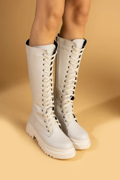 Pembe Potin Kalın Taban Diz Altı Bağcıklı & Fermuarlı Rahat Kalıp Kadın Çizme 59-904-24 - 2