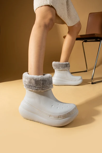 Pembe Potin İçi Kürklü Kalın Taban EVA Su Geçirmez Kadın Yağmur Botu 001-1900-24 - Resim 11