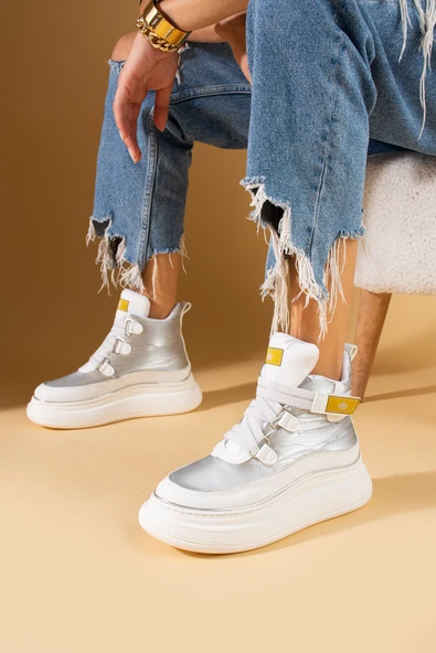 Pembe Potin Fosforlu Kumaş Detaylı Yüksek Taban Cırtlı Sneaker Kadın Bot 36-530-24 - 12