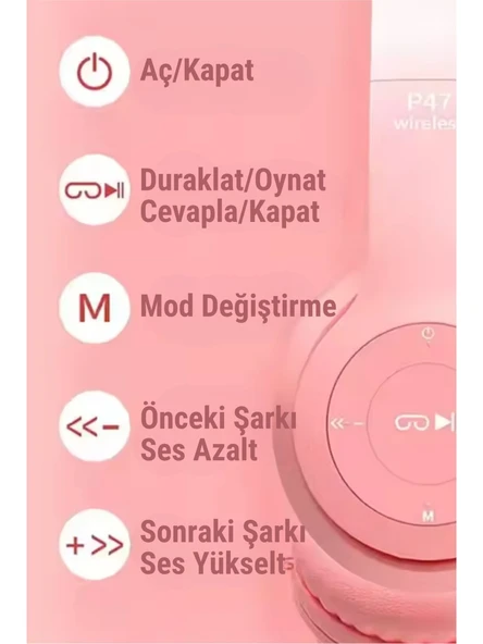 P47M Sevimli Renkli Kedi Kulak Üstü Bluetooth Kulaklık Açık Mavi - Resim 5