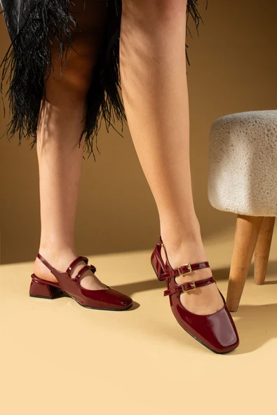 Pembe Potin Küt Burunu Ayarlanabilir Tokalı Kadın Topuklu Ayakkabı 53-67-25Rugan - Resim 6