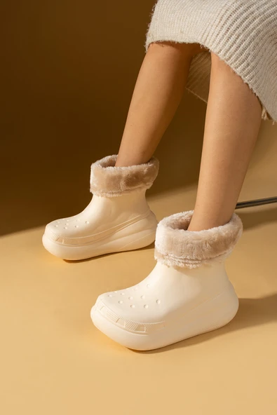 Pembe Potin İçi Kürklü Kalın Taban EVA Su Geçirmez Kadın Yağmur Botu 001-1900-24 - Resim 4