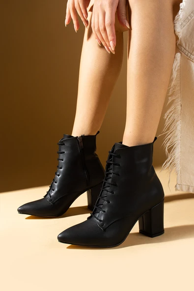 Pembe Potin Sivri Burun Bağcıklı Yandan Fermuarlı Kalın Topuklu Kadın Bot 86-307-24Cilt - Resim 2