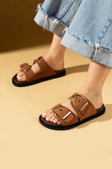 Pembe Potin Geniş Çift Gold Tokalı Rahat Kalıp Kadın Terlik 024-1001-25Süet - Resim 8