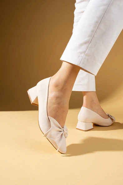 Pembe Potin Fiyonklu Kalın Kısa Topuklu Sivri Burun Kadın Ayakkabı 018-638-25Saten - Resim 11