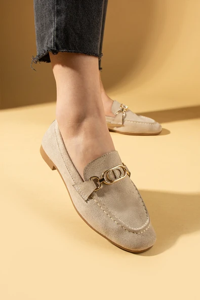 Pembe Potin Taşlı Metal Toka Detaylı Rahat Kalıp Kadın Babet 016-080-25Süet - Resim 7