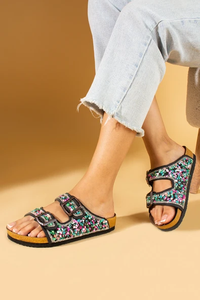 Pembe Potin Renkli Doğal Taşlı Çift Tokalı Anatomik Taban Kadın Terlik 51-605-24 - Resim 9