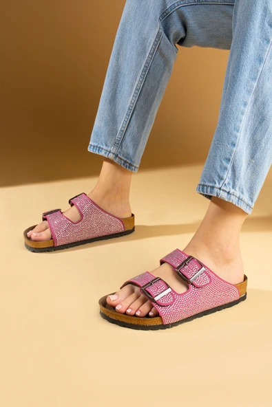 Pembe Potin Parlak Taşlı Ayarlabilir Çift Tokalı Rahat Taban Kadın Terlik 51-606-24 - Resim 7