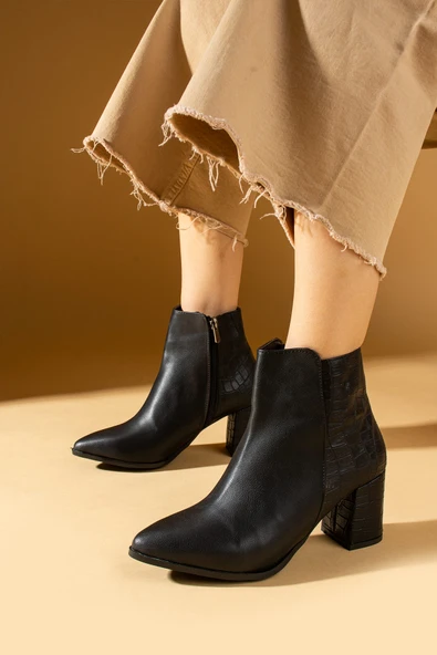 Pembe Potin Kroko Desenli Fermuarlı Rahat Taban Kadın Bot 71-8000-24Kroko - Resim 3