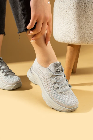 Pembe Potin Parlak Taş Detaylı Bağcıklı Triko Rahat Taban Kadın Sneakers 36-872-25 - 8