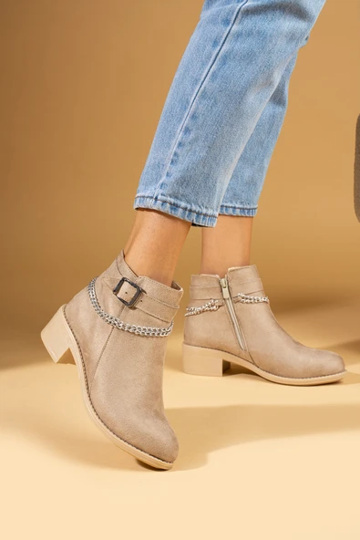 Pembe Potin Zincir Ve Toka Detaylı Fermuarlı Kadın Bot 57-0404-24Süet - Resim 6