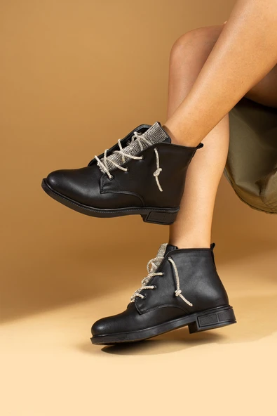 Pembe Potin İnce Parlak Taşlı Sıcak Astar Comfort Taban Bağcıklı Kadın Bot 57-205-24 - Resim 3