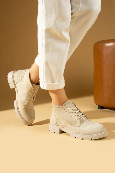 Pembe Potin Zımba Detaylı Bağcıklı Bilekte Kadın Bot & Bootie 024-029-24Süet - Resim 3