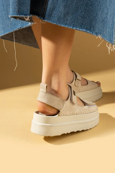 Pembe Potin Kalın Taban Ayarlanabilir Cırtlı Kadın Sandalet 024-025-25Süet - Resim 7