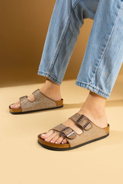 Pembe Potin Parlak Taşlı Ayarlabilir Çift Tokalı Rahat Taban Kadın Terlik 51-606-24 - Resim 6