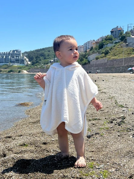 Organik %100 Pamuk Kapşonlu Plaj Çocuk Bebek Panço Bornoz Banyo Havlu Kapüşonlu - 5