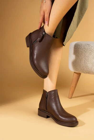 Pembe Potin Çift Fermuarlı Sıcak Astar Bilekte Kadın Bot 57-106-24Cilt - Resim 12