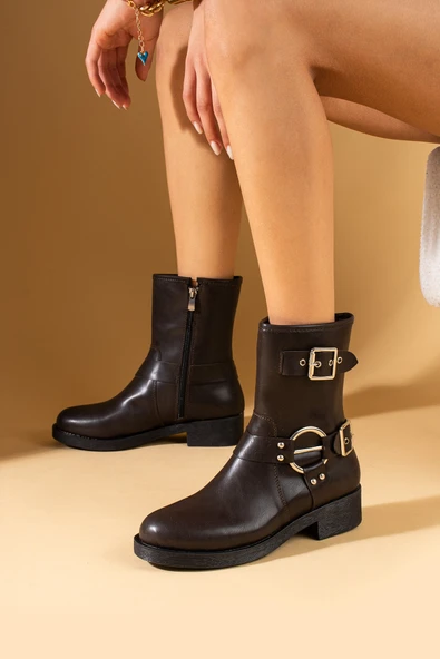 Pembe Potin Metal Toka Detaylı Fermuarlı Rahat Kalıp Kadın Bot 71-3630-24 - Resim 2