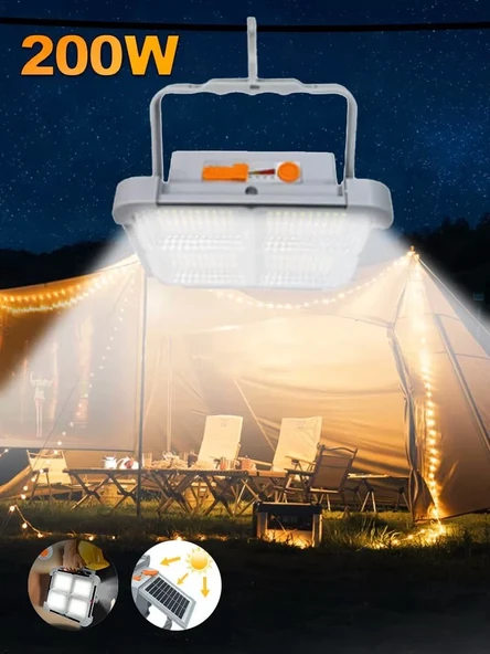 Cata CT-4698 Miami 200W Solar Projektör Güneş Enerjili, 3 Renk Modlu, Dimmerli, 336 LED’li Şarjlı Dış Mekan Aydınlatma Lambası (IP65, 7200 mAh) - 7