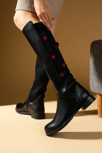 Pembe Potin Kalp Desenli Dalgıç Kumaşlı Esnek Yapılı Diz Altı Kadın Çizme 51-2750-24 - 3