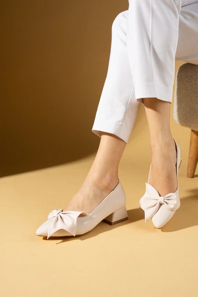 Pembe Potin Fiyonklu Kalın Kısa Topuklu Sivri Burun Kadın Ayakkabı 018-638-25Saten - Resim 6