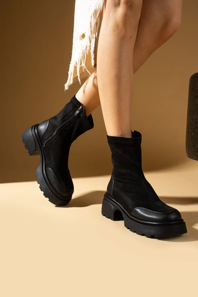 Pembe Potin Yüksek Taban Fermuarlı Streç Kadın Bot 59-2400-24Süet - Resim 3